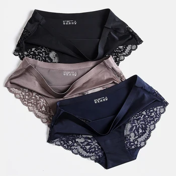 

Solid Ice silk 3Color Woman Nylon Low Rise Lingerie Sexy Women Lace side Underwear Seamless Breathable Hollow Briefs panties