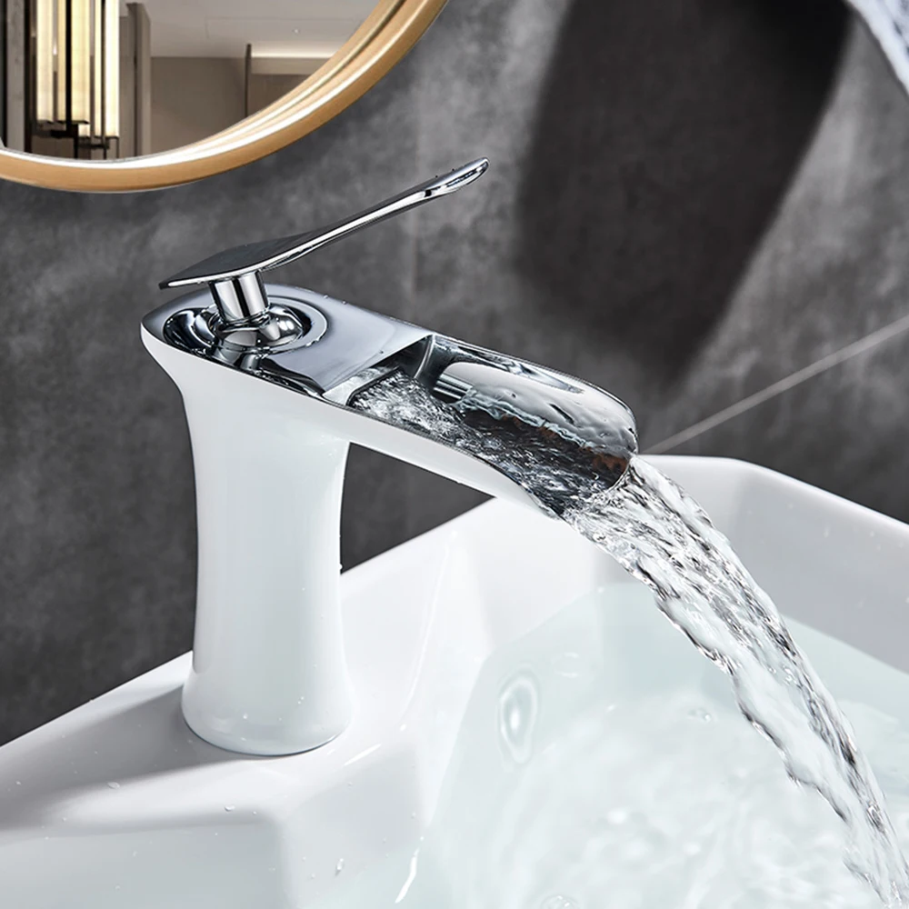 Chrome White Basin Faucet Deck Mounted Waterfall Bathroom Vessel Sink Mixer Tap Single Handle Hot Cold Water Tap
