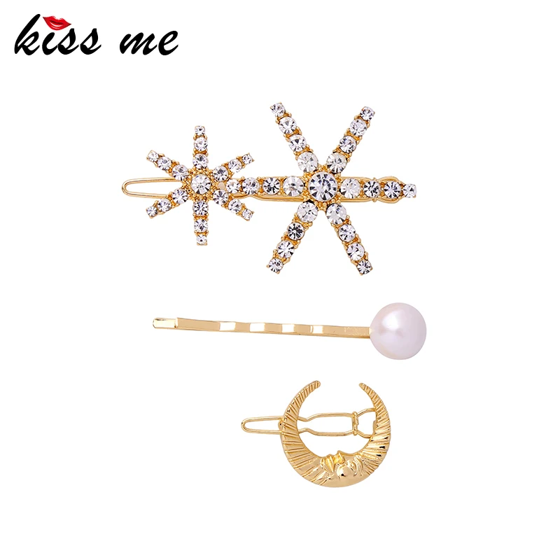 Kissme Classic 3 шт. 1 комплект уникальная Хрустальная Снежинка Гипербола Луна лицо акриловая жемчужина золотые цветные шпильки Заколки для женщин