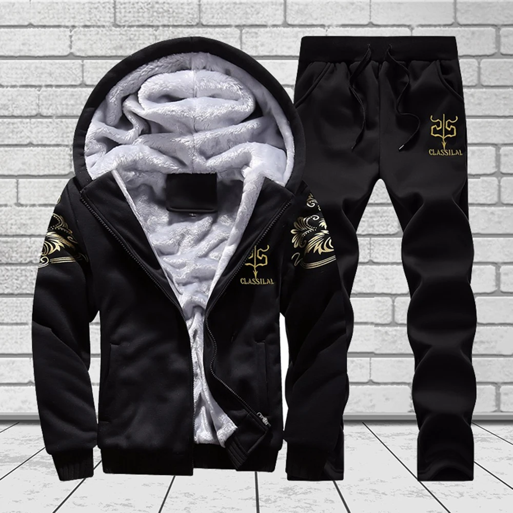 Winter Men Tracksuit Outfit-Set Zipper Hoodie 2piece Warm Thick And Autumn