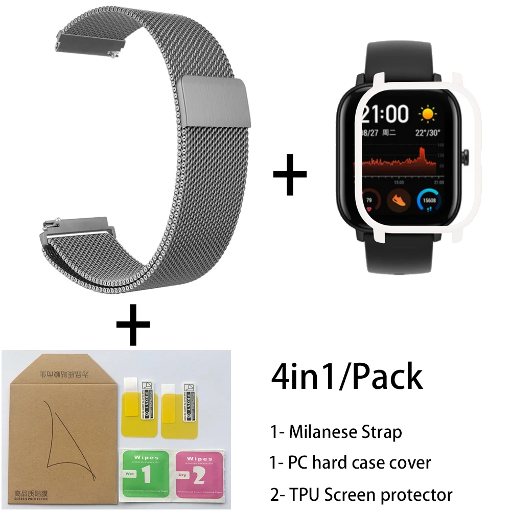 Gray-White 4в1 для Xiaomi Huami Amazfit GTS Ремешок Браслет из Миланского нержавеющей стали Smartwatch Браслет amazfit gts защитный чехол для экрана - Цвет: Gray-White