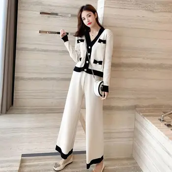 

Women Autumn Cardigans Pants Suit Knitted Long Sleeve Sexy V-neck Single Breasted Sweater And Trousers Elegant Korean Office Set