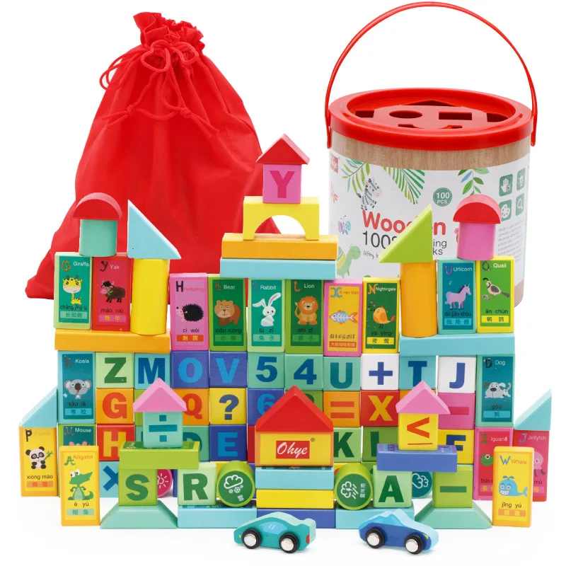 0-14 Years Environmental Protection Wooden 100 Pieces Barreled Children's Digital Alphabet Scene Building Sracking Block Toys
