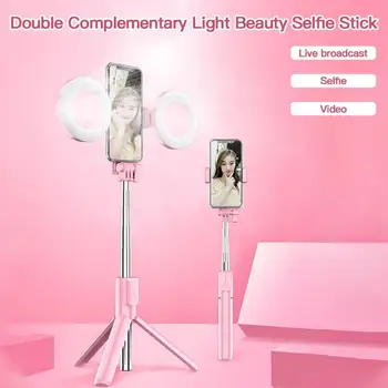 

Portable Extendable Live Tripod Selfie Stick Support LED Ring Dual Light Mirror Stand 4 In 1 Phone Mount For IPhone Xiaomi