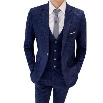 

Men Slim Fit Plaid Suits 3 Piece Groom Wedding Prom Suit Male Business Formal Tuxedo Work Wear 3Pcs Set (Blazer+Pants+Vest)