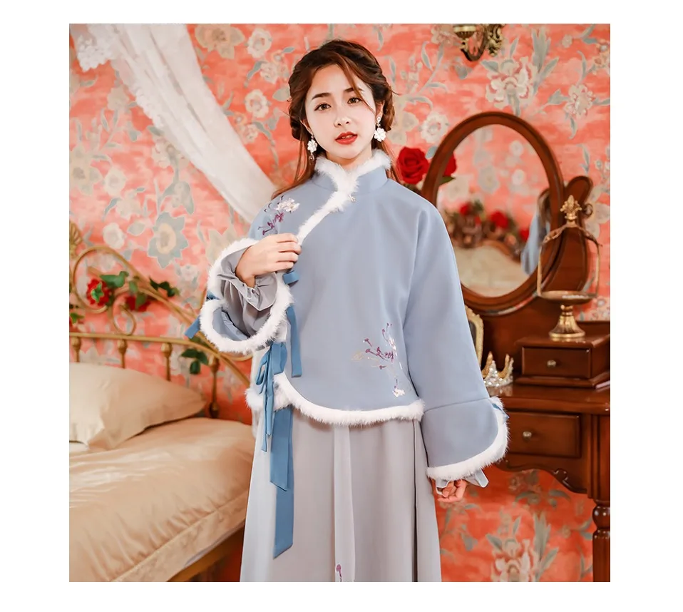Старинная Китайская одежда комплект из двух предметов женский ретро Улучшенный Hanfu элемент осень зима шерстяное пальто платье костюм