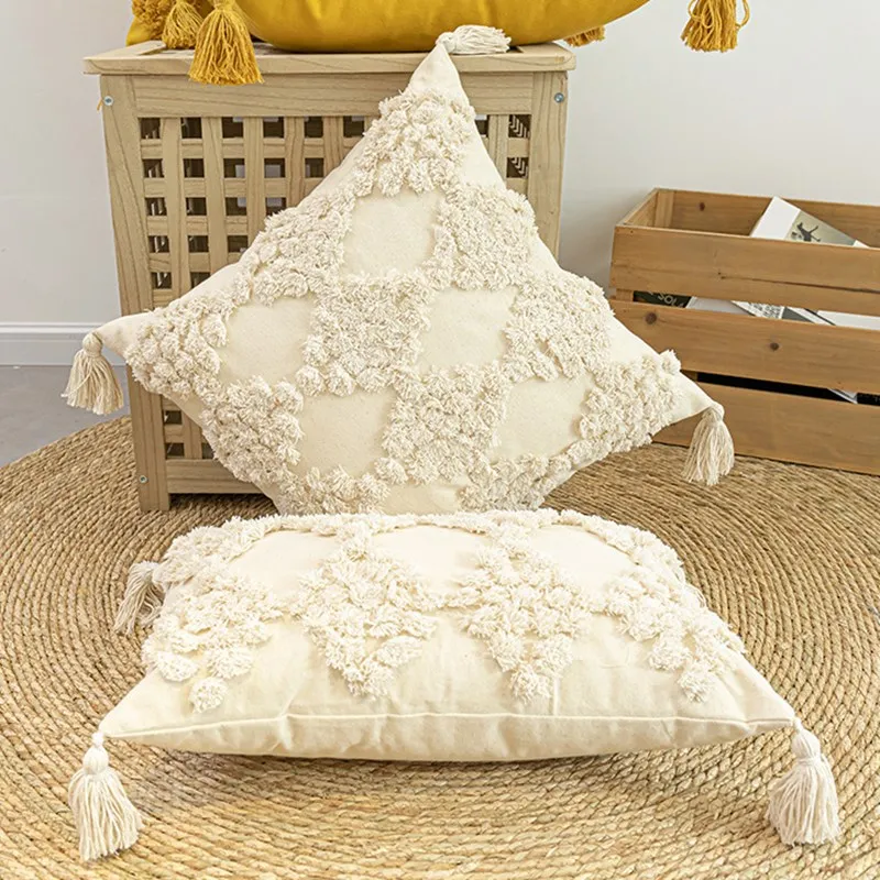 

Luxury Cushion Cover 45x45Cm Ivory Cotton Flax Pillowcase 30X50Cm Manual Tufted for Home Decoration Netural Living Room Bedroom