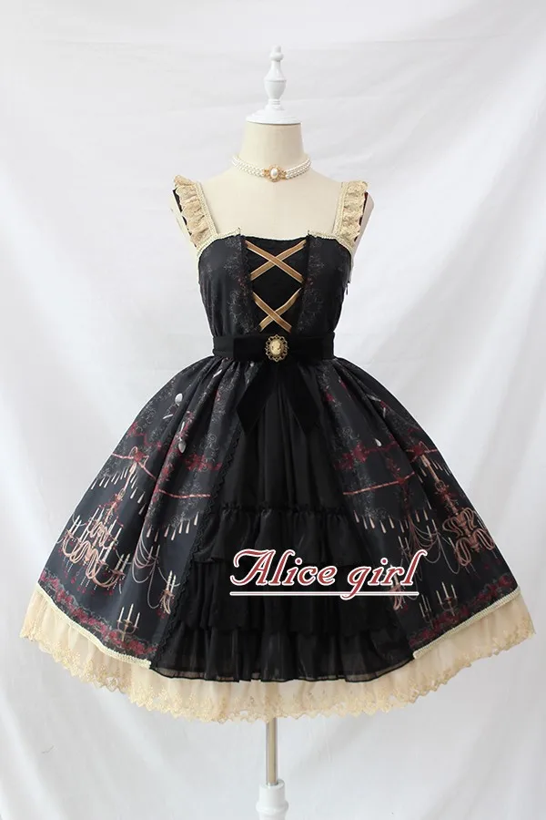 Люстра печатных Готический Лолита JSK платье с разрезом спереди Хэллоуин вечерние платья от Alice Girl - Цвет: Черный