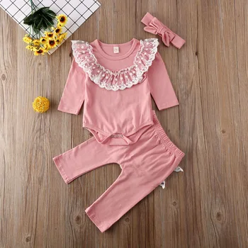 

Pudcoco Newborn Baby Girl Clothes Solid Color Long Sleeve Lace Flower Ruffle Romper Long Pants Headband 3Pcs Outfits Clothes