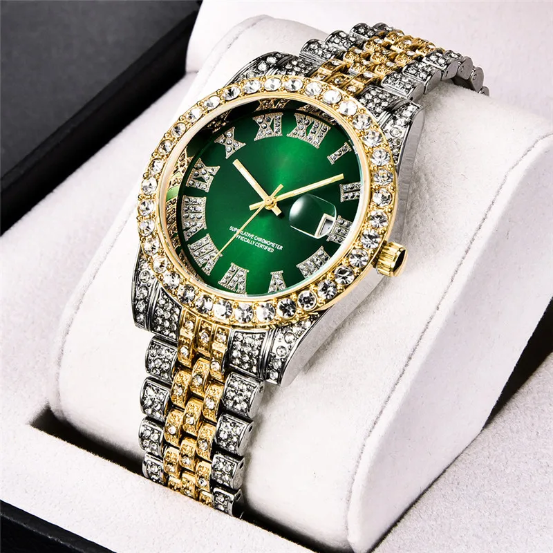Hip Hop Diamond Watch Men Luxury Brand Mens Gold Watch Analog Quartz Movt Unique Men Iced Out Watch Man Relogio Masculino