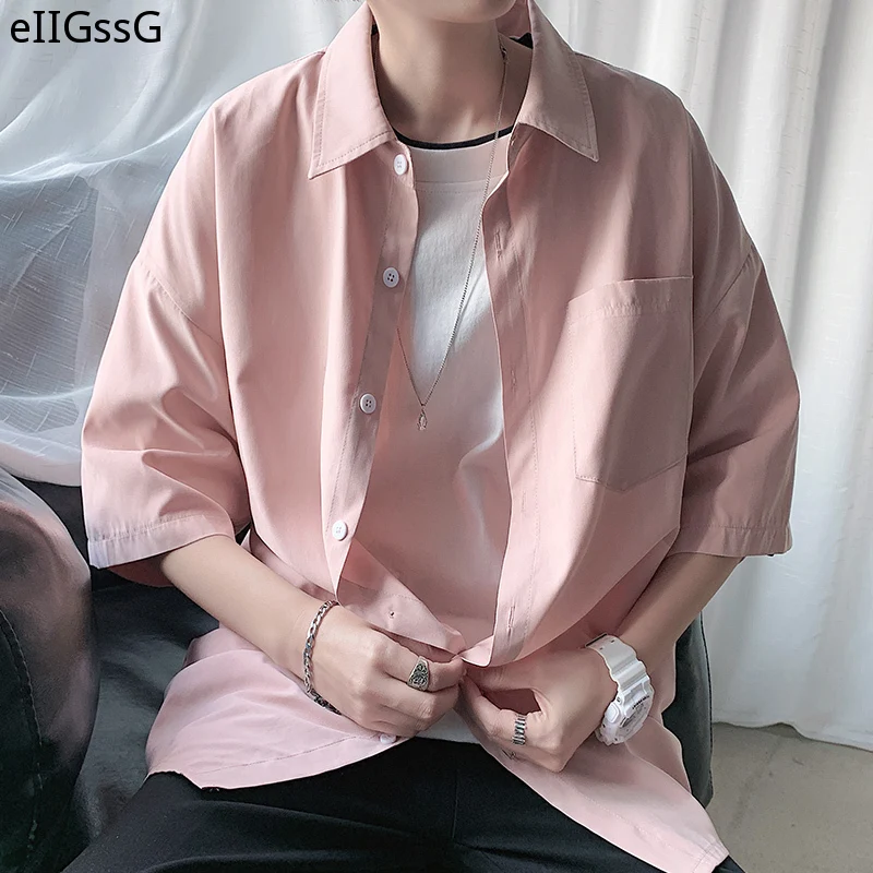 

2021 New Men's Tops Fashion Lapel Spring Shirts Plaid All-match Tops Short-sleeved Trend Korean Men's Tops Shirts