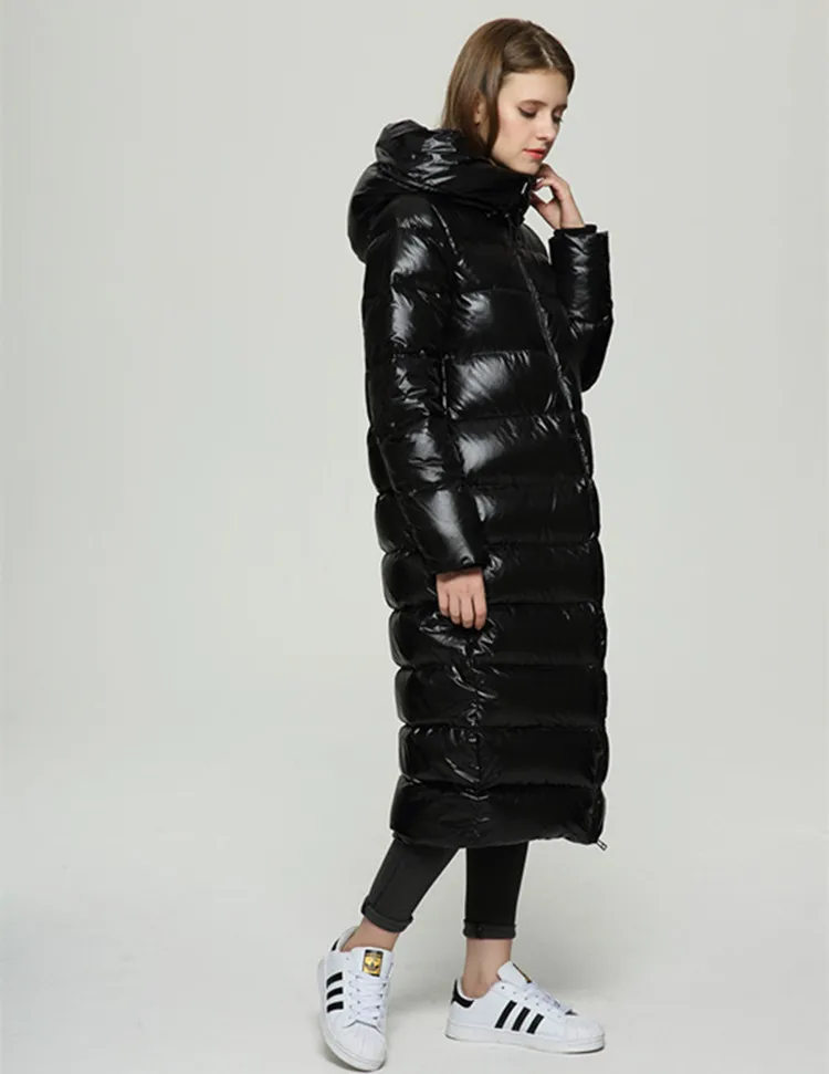 Winter New Style Cocoon Long over-the-Knee down Jacket Female Black Bright Surface Thick Loose White Duck down Warm Coat Fashion