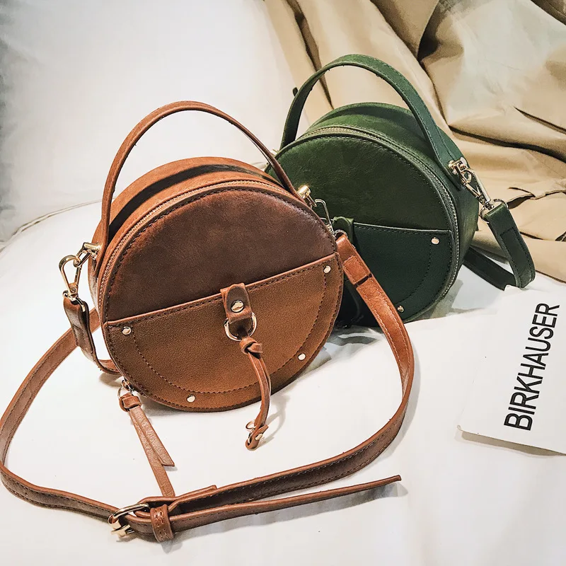 

Vintage Scrub Leather Round Shoulder Bag For Female Circular Design PU Leather Crossbody Bag Small Leather Tote Handbag Lady