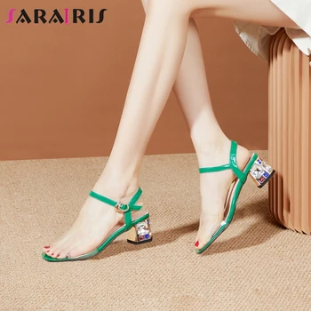 

SARAIRIS Comfort Real Leather Insole Sandals Women Office Dating Sandals Ladies Summer Elegant High Chunky Heels Shoes