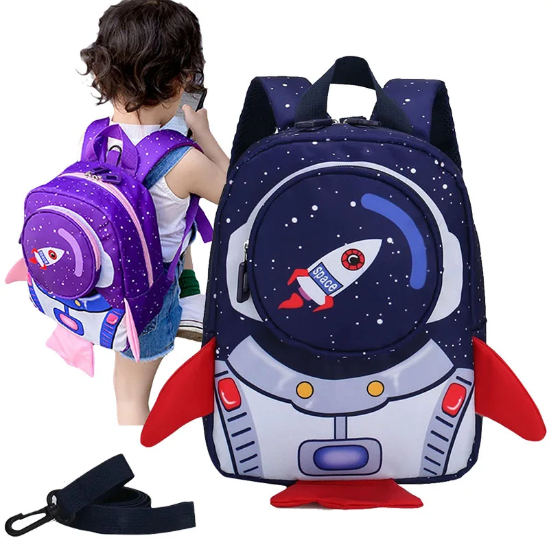 Mochila escolar de Cohete De Dibujos Animados para niños y niñas, morral Infantil de cuerda de tracción antipérdida