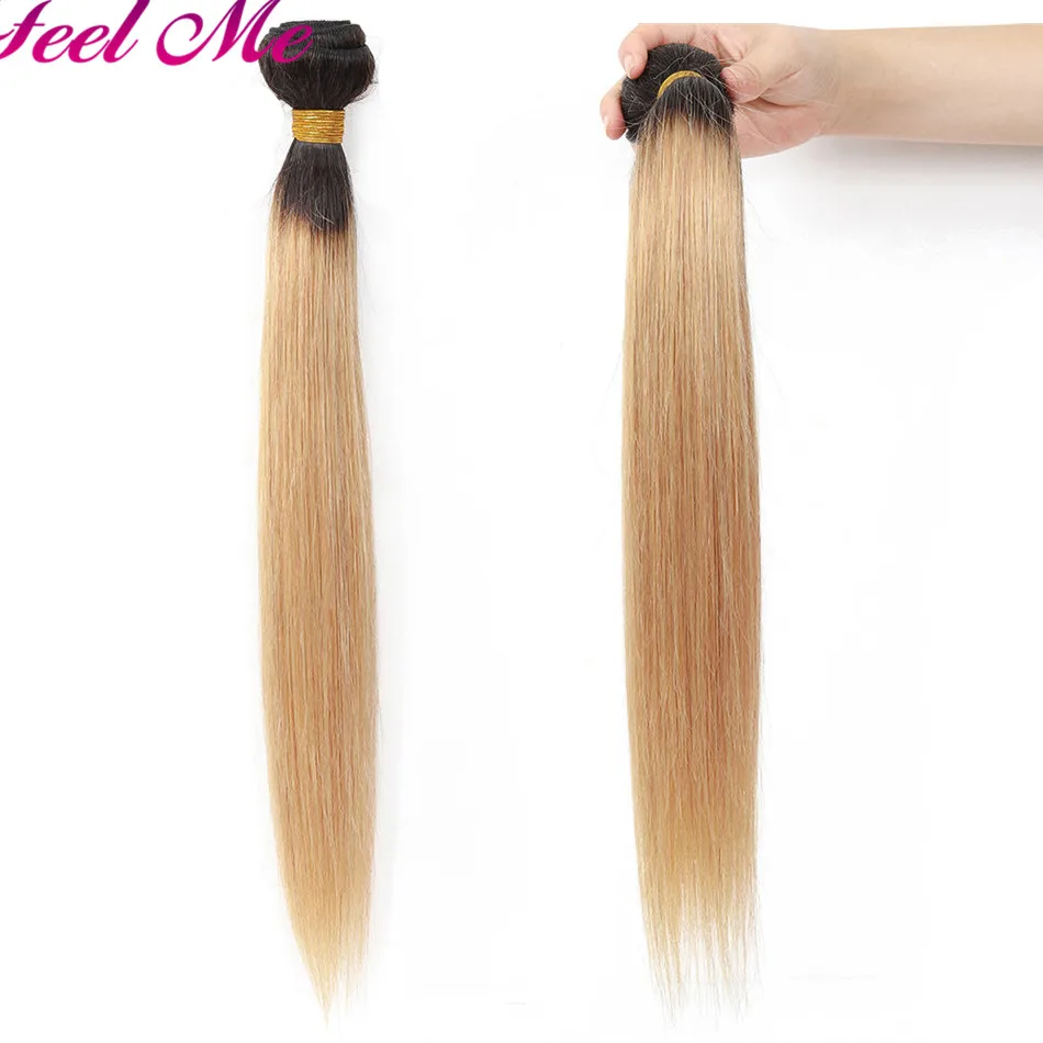 Feel Me Ombre Peruvian Straight Human Hair Bundles With Closure 1b/27 Honey Blonde Bundles With Closure Non Remy Hair Extensions