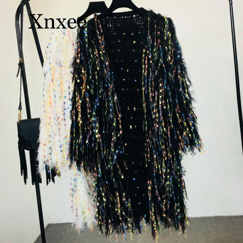 

Lambs Sequins Tassels Knitted Sweater Long Jacket Hook Flowers Cardigan Handmade Mixed Color Fringed Velvet Fluffy Coat Outwear