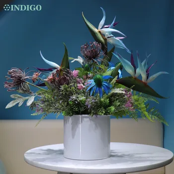 

INDIGO -(1 set ) Blue Bird Of Paradise Daisy Plastic Flower Bonsai with Vase Reception Desk Decorative Flower Interior Trim