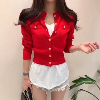 

2020 Women Sweater Spring Autumn Long Sleeve Knit Single Buttoned Cotton Cardigans Streetwear Casual Lady Knitted Jacket Short
