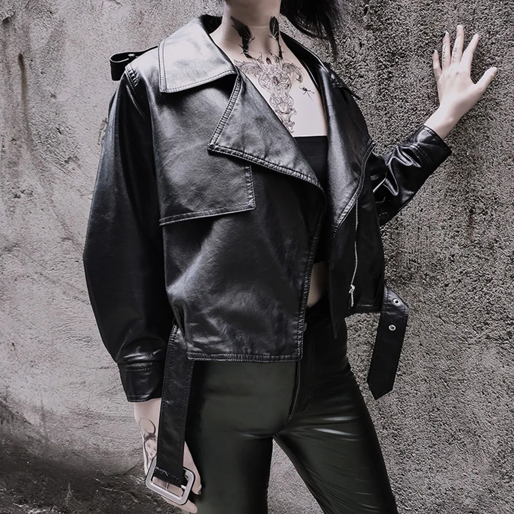 

Gothic Faux Leather PU Jacket Black Lantern Sleeve Autumn Women Motorcycle Casual Outerwear Basic Street Wear Belt Punk Coat