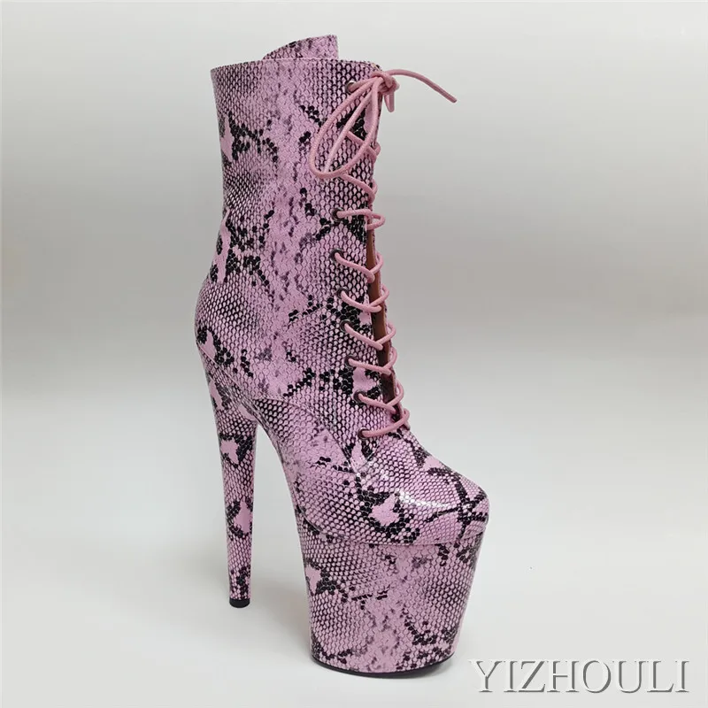 

8 inch pink snake leather upper, 20 cm pole dancing stiletto high heel, model banquet stage show ankle boots
