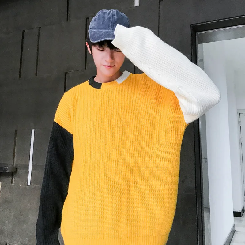

Winter Sweater Men Warm Fashion Contrast Color Casual Knit Sweaters Man Male Sweter Clothes Wild Loose Long-sleeved Pullover Men