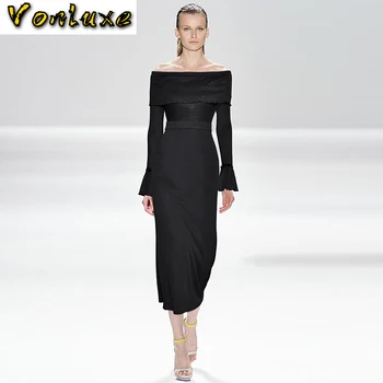 

Off Shoulder Long Flare Sleeve High Waist Slim Elastic Womens Dress 2020 Spring Autumn Winter Glitter Luxury Branded Clothing