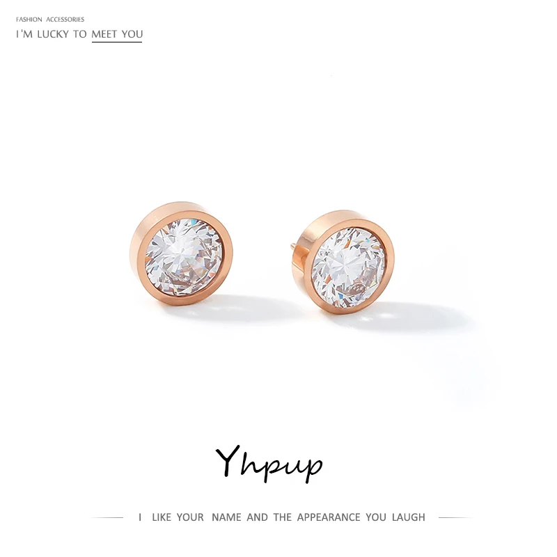 Yhpup, минималистичные, AAA CZ циркониевые круглые серьги-гвоздики, 585, розовое золото, серьги для женщин, офисные, вечерние, ювелирные изделия, аксессуары kolczyki