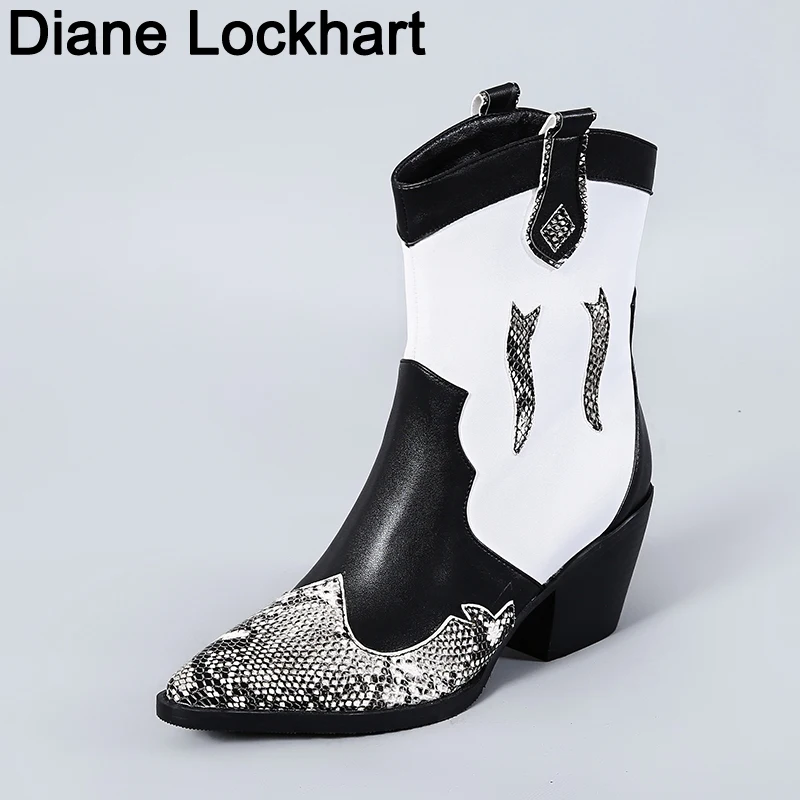 

Cossacks Mixed Colors PU Leather Cowboy Ankle Boots Women Wedge High Heel Booties Snake Print Western Cowgirl Boot 2019 Female