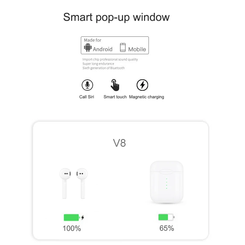 V8 TWS беспроводные Bluetooth наушники стерео наушники-вкладыши гарнитура с зарядным устройством для наушников микрофон для всех смартфонов Apple samsung S6 S8
