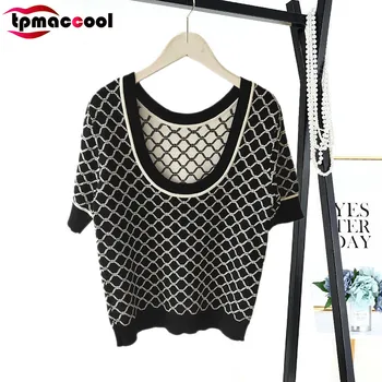 

Tpmaccool Sexy U-Shaped Backless Knitted Top tshirt women 2020 Spring Summer Contrasting Color Diamond Plaid Slim T-shirt tops