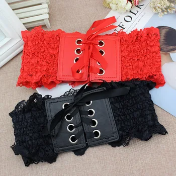 

Alloy Eyelet Grommet Women Belt Double Lacing Waistband PU Leather Lace Dress Cummerbunds Elastic Corset Belt Wide Waist Belt