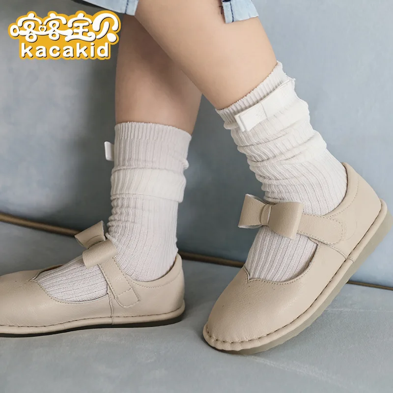 Spring New Style Children's Socks Girls Monochrome Vertical Striped Tube Socks Baby Bow Cotton Socks Dance Pantyhose Princess So