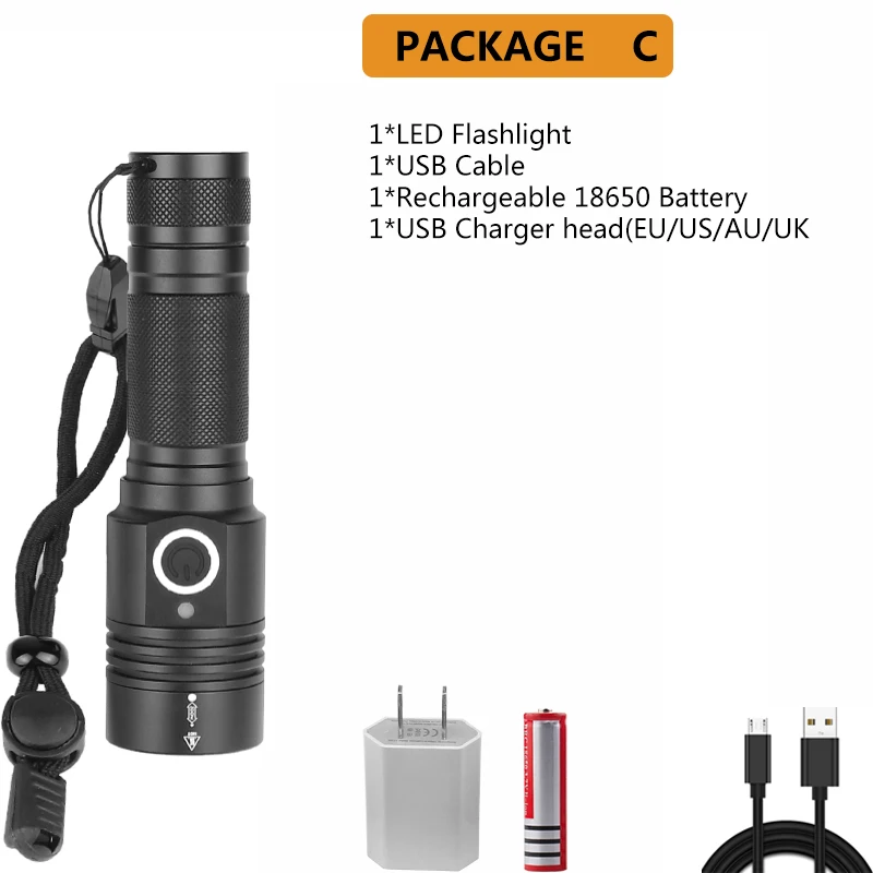 Package C Сверхмощный тактический фонарь XHP50.2 с подзарядкой от USB, магнитная лампа, яркий светодиодный фонарь с аккумулятором 18650 - Испускаемый цвет: Package C