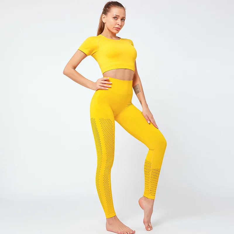

Seamless Knitted Hollowing out Fitness Sports Short Sleeve Trousers Yoga Suit Set Workout Clothes For Women
