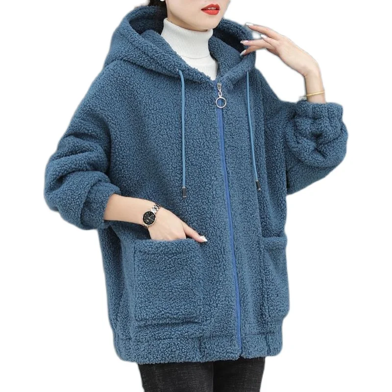 Abrigo de lana de cordero de imitación grueso y afelpado para mujer, cárdigan con capucha y cierre, holgado, de talla grande, para otoño e invierno, 2021