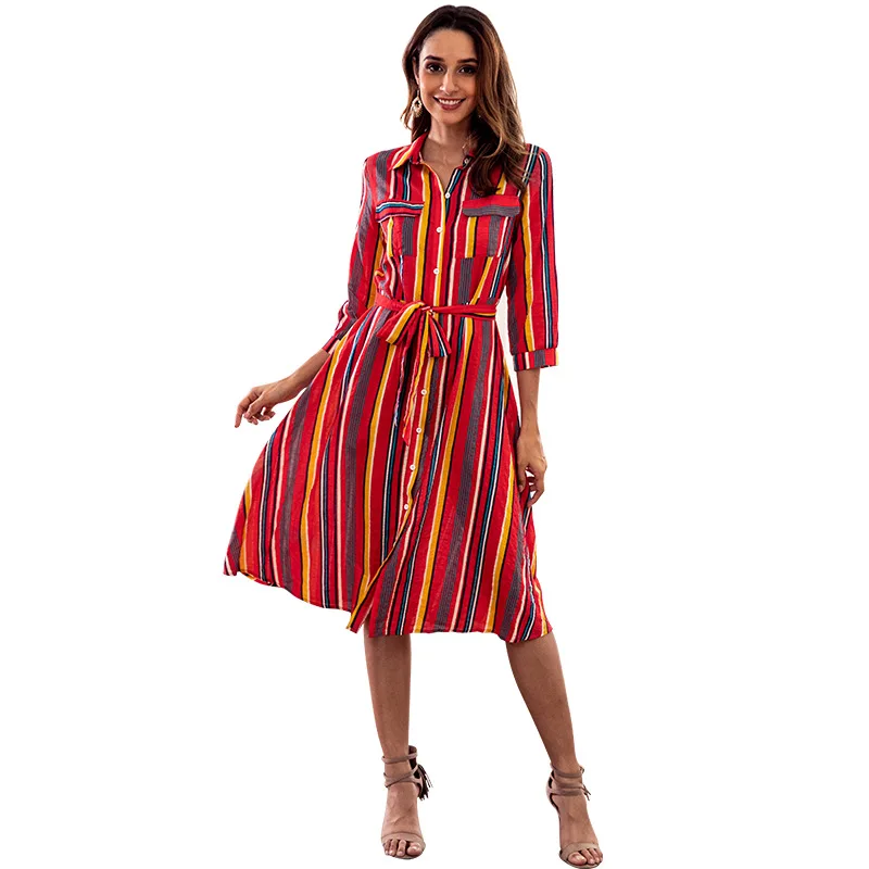 Deep Turn-down Collar Striped Dress High Waist A-line Sexy Female Summer Beach Party Casual Red | Женская одежда