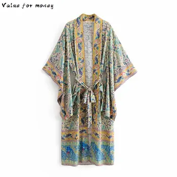 

Bohemian Women New V neck Pteris Flower Print Kimono Shirt Holiday Beach Bow tie Sashes Maxi Long Cardigan Blouse Tops