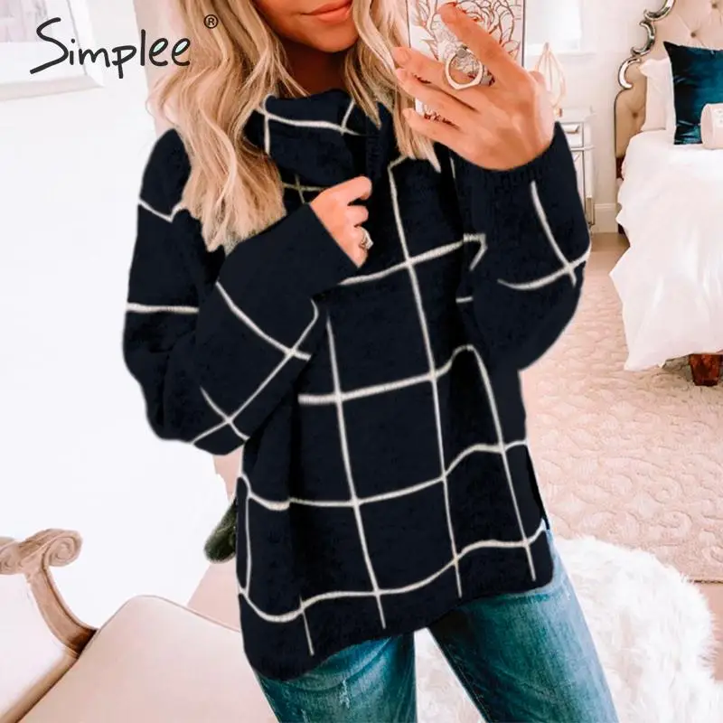 

Simplee Women plaid sweater Turtleneck soft long sleeve casual pullover sweater Streetwear ladies chic autumn winter sweaters