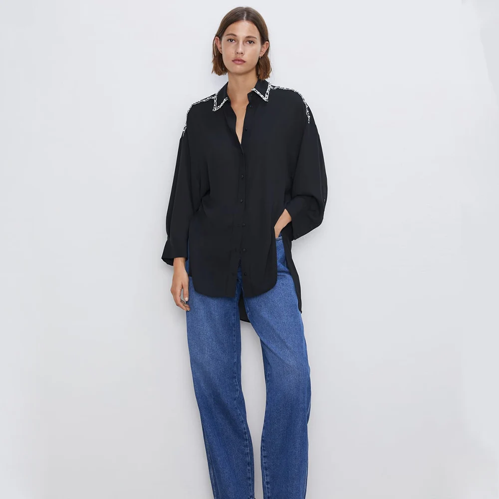 

Ladyfirsy Black Loose ZA Shirts 2019 Female Casual Simulated Pearl Patchwork Club Office Lady Cool Long Autumn Shirt Wholesale