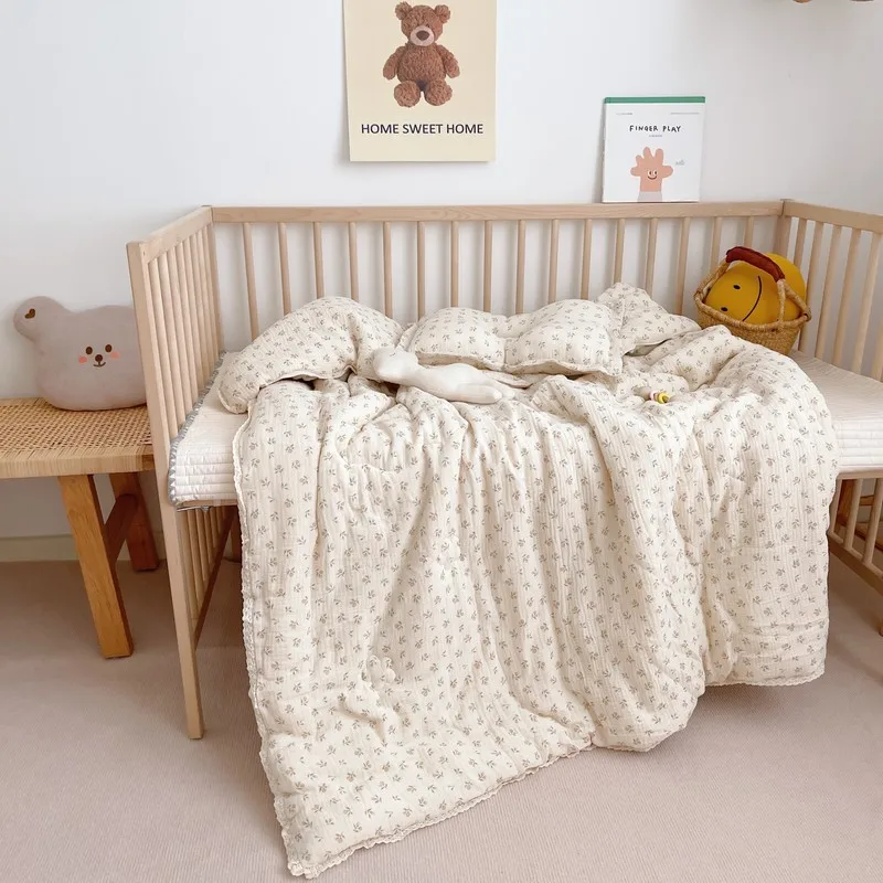Korean Flower Cotton Baby Crib Quilt Muslin Kids Children Infant Baby Comforters Thicken Winter Cot Quilts for Bed Plaid