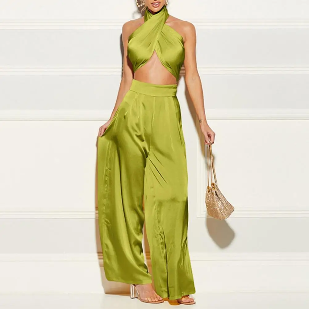 2pcs/Set Solid Color Outfits Women Pant Suits Sexy Crossed Halter Crop