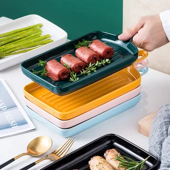 

Nordic Creative Tableware Home Color Glaze Handle Plate Daily Cutlery Steak Fried Snacks Ceramic Breakfast Plate DinnerwareLA911