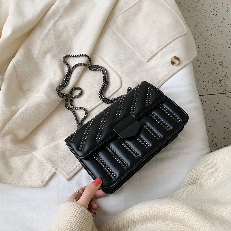 

Small PU Leather Crossbody Bags For Women 2019 Rivets Designer Chain Shoulder Messenger Bag Female Travel Handbags