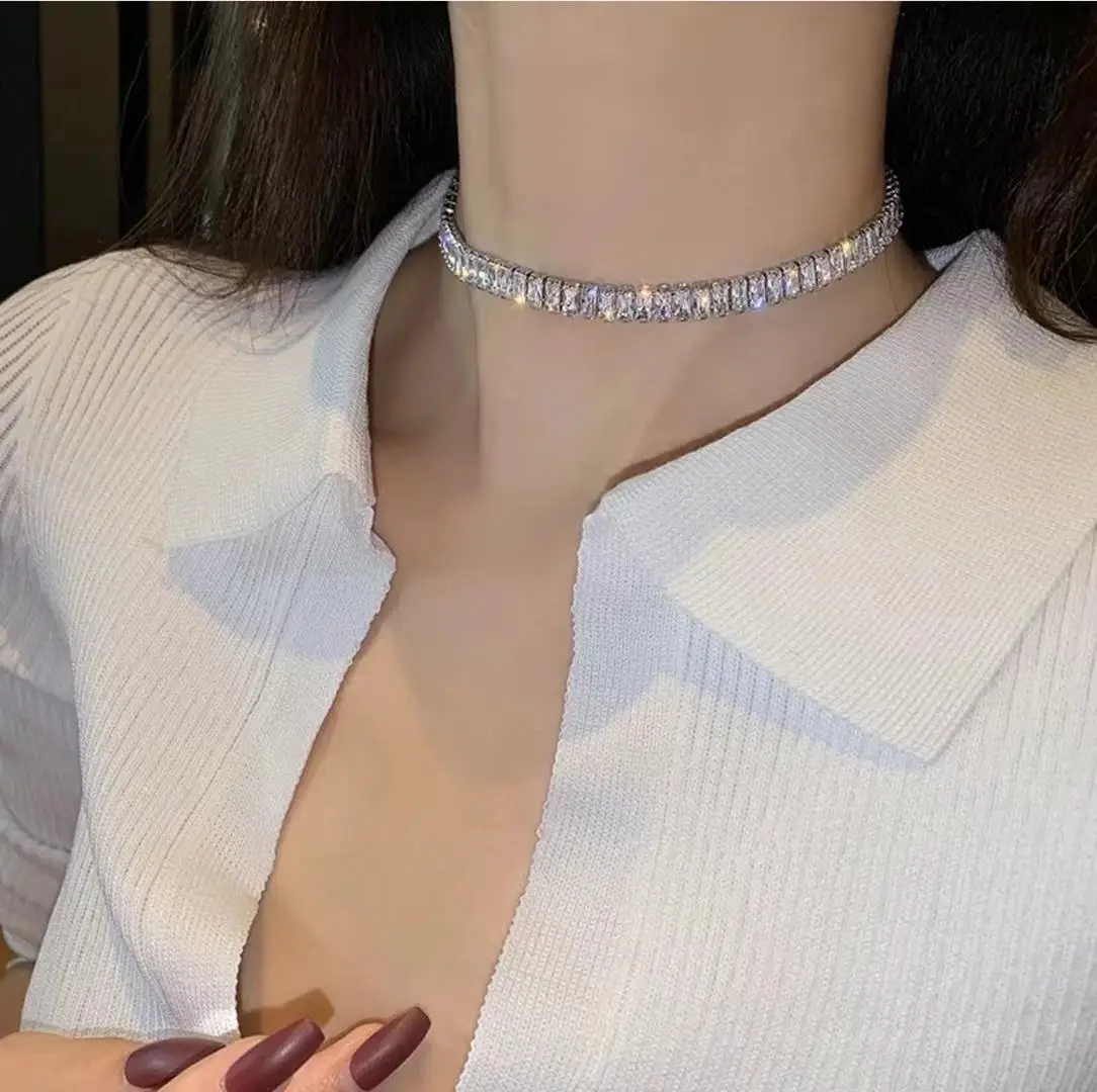 

2021 Korean fashion jewelry shiny copper inlaid with zircon luxury shiny necklace chain chain sexy women's party Necklace Jewelr