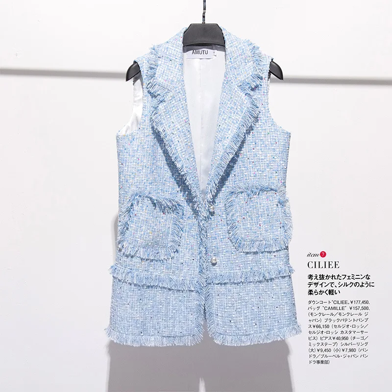 

New Designer Women's Sleeveless Vest Long Plaid Slim Chic Boutique Coats Autumn Winter Feminine Notched Collar Pocket Jackets