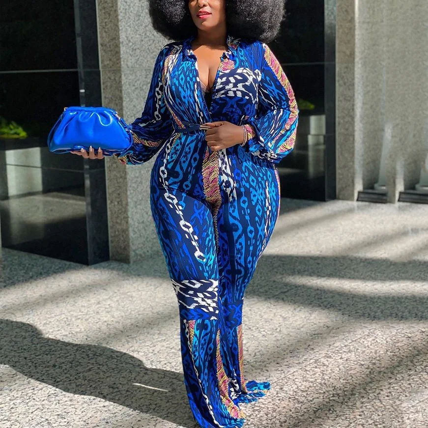 

4xl 5xl Plus Size Jumpsuits and Rompers For Women Autumn Long Sleeve Blue Print Elegant High Waist Fashion Rompers Clothes New