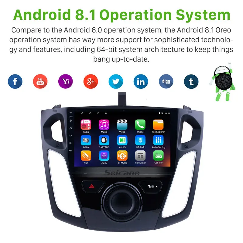 Best Seicane 9 inch Android 9.0 Car Multimedia Player For 2011 2012 2013 2014 2015 Ford Focus HD 1024*600 Touchscreen GPS Navigation 1