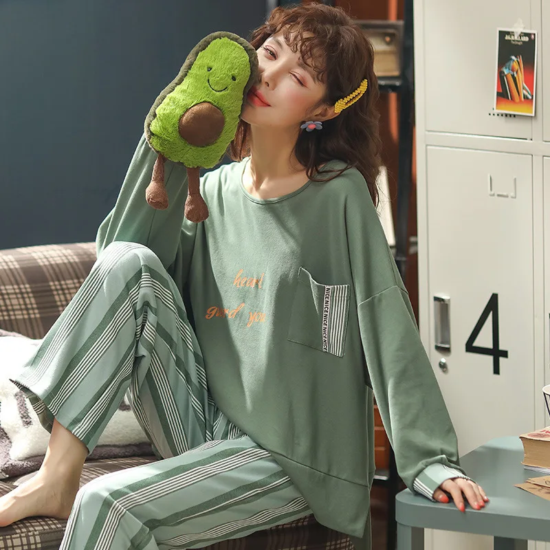 

SP&CITY 2PCS Lovely Striped Cotton Pajamas Sets Women Tender Green Sleep Suit Girls Home Set Soft Autumn Patchwork Nightwear
