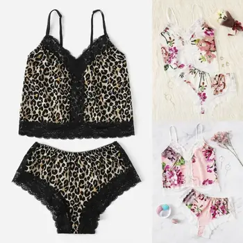 

2019 Newest Hot Women Silk Satin Pajamas Set Sleepwear Shorts Babydoll Nightwear Lingerie Sexy Leopard Printed Lace Suit